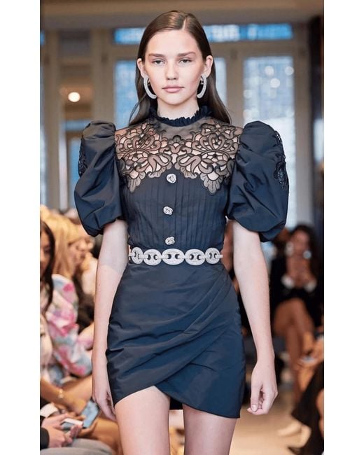Alessandra Rich Black Taffeta Mini Dress With Lace