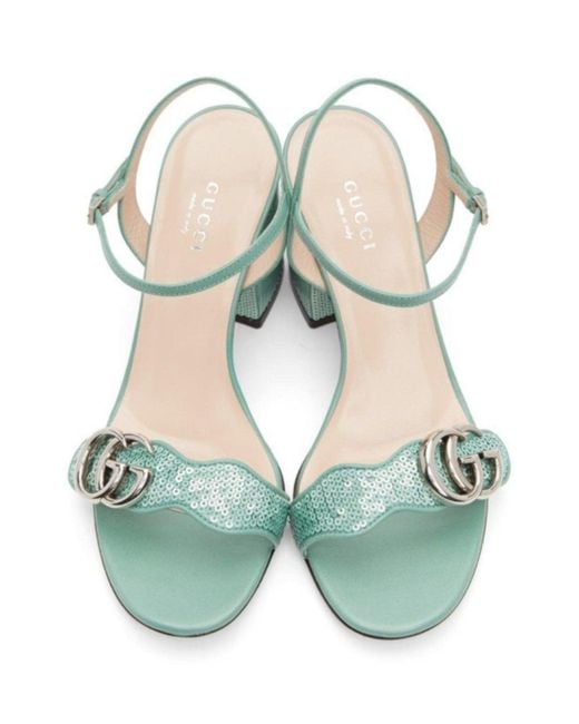 Gucci Blue Green Sequin GG Marmont Mid Heeled Sandals