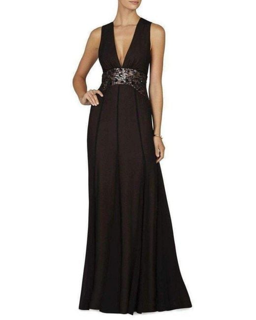 BCBGMAXAZRIA Black Stacy Plunging V Neck Embellished Waist Gown