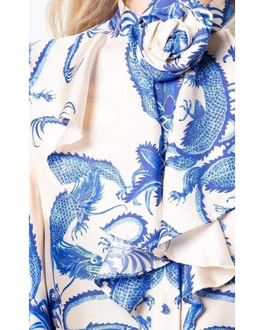 Gucci Blue Silk Dragon Print Twill Ruffle Neck Dress