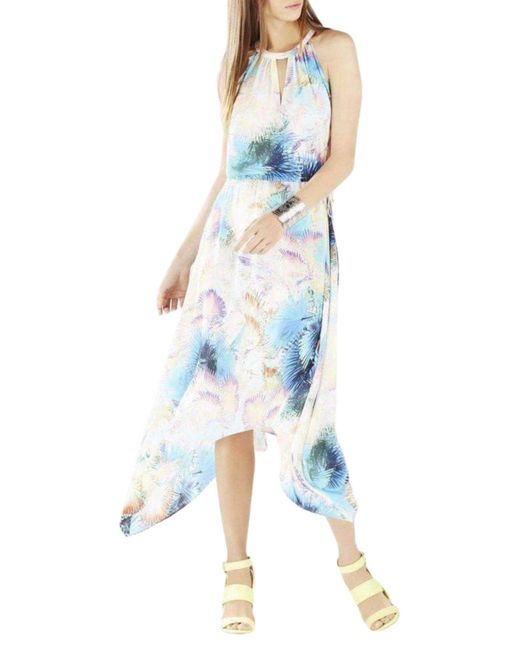 BCBGMAXAZRIA Blue Keelie Printed Waist Tie Halter Dress