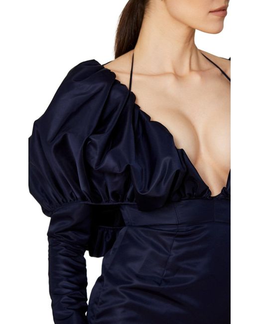 LAQUAN SMITH Blue Faille Halter Neck Puff Sleeve Midi Dress
