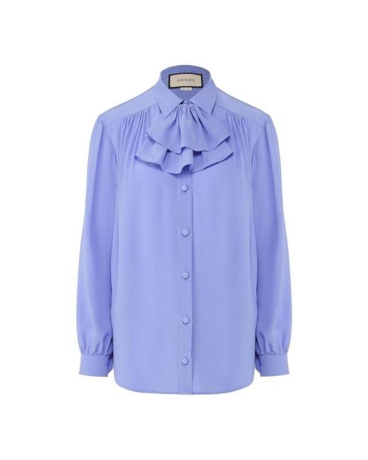 Gucci Blue Ruffle-neck Silk Blouse