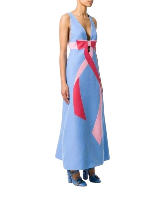 Gucci Blue Floor-length Bow Detail With V Neck Gown