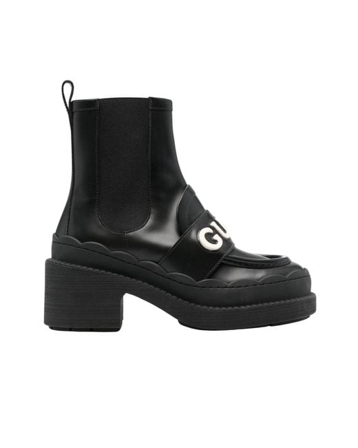 Gucci Black Ornella Logo Applique Leather Ankle Boots