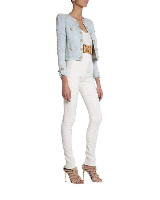 Balmain Blue Cropped Stretch Cotton Denim Blazer