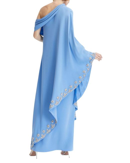 Oscar de la Renta Blue One Shoulder Drape Crystal Embroidered Dress