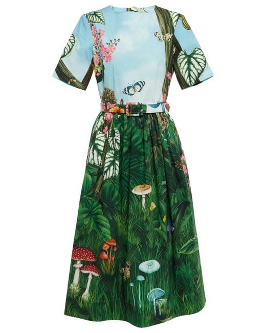Oscar de la Renta Green Botanical Forest Print Stretch Poplin Midi Dress