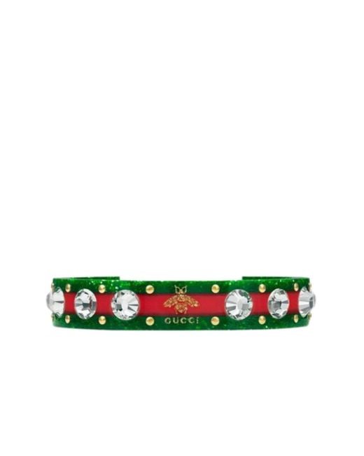 Gucci Green Vintage Web Cuff Bracelet With Crystals