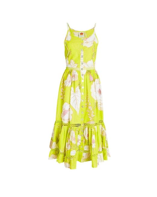 Farm Rio Yellow Neon Garden Cotton Midi Dress