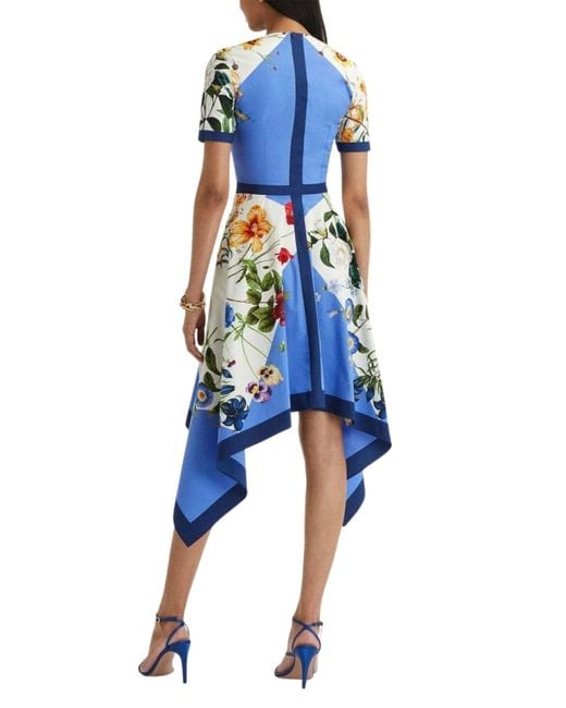 Oscar de la Renta Blue Floral-print Flared Cotton Dress