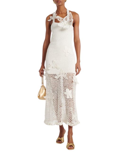 Oscar de la Renta White Halter Orchid Crochet Knit Dress