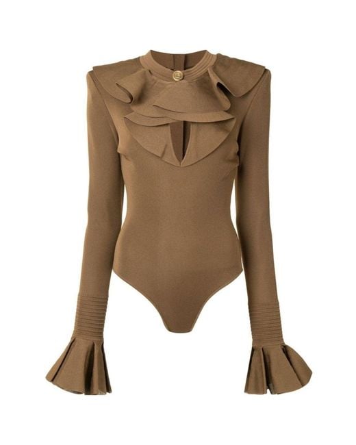 Balmain Natural Ruffled Knit Cutout Bodysuit
