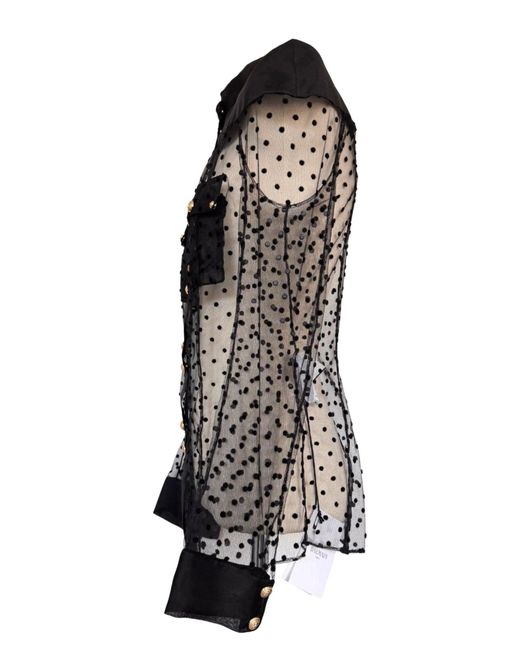 Balmain Long Sleeve Black Polka Dot Silk Shirt With Gold Buttons