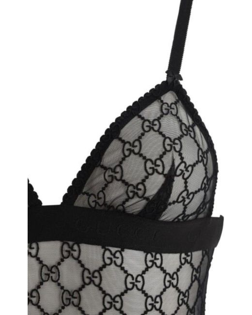Gucci Black GG Embroidered Sheer Tulle Bodysuit
