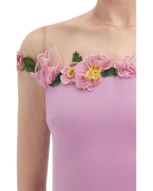 Oscar de la Renta Purple Floral-embellished Sheath Midi Dress