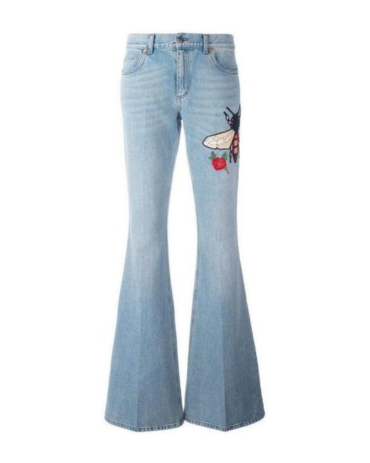 Gucci Blue Fly Embroidered Flared Cotton Jeans Us 28 (4, S)