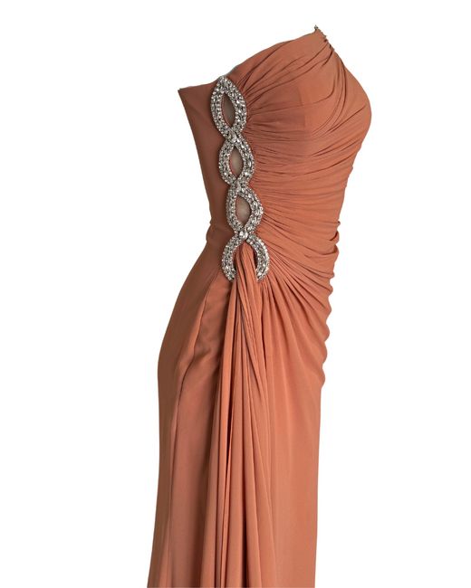 Cult Moda One Shoulder Beaded Gown In Brown