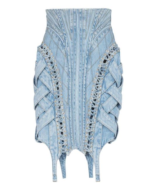 Balmain Blue High-waist Lace-up Denim Skirt
