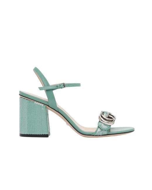 Gucci Blue Green Sequin GG Marmont Mid Heeled Sandals