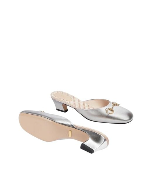 Gucci White Silver Leather Horsebit Mules