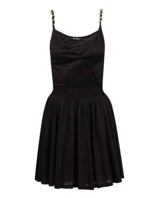 Balmain Black Fitted Wrap Metal Chain Straps Dress