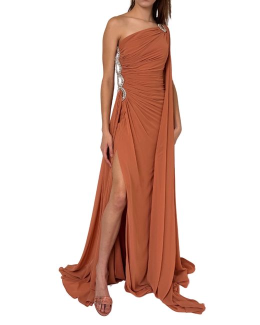 Cult Moda One Shoulder Beaded Gown In Brown