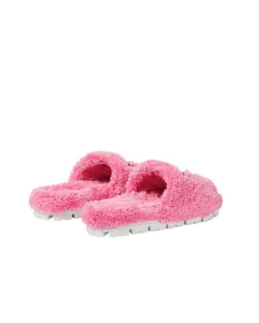 Prada Pink Logo-embroidered Faux Shearling Slides
