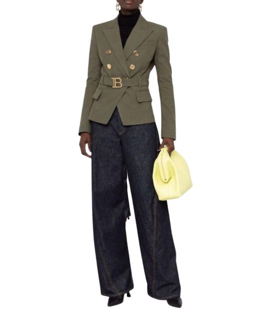 Balmain Green Belted Double-breasted Cotton Blazer