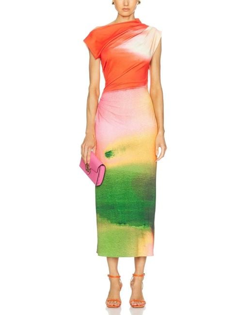 Oscar de la Renta Red Watercolor Print Draped Jersey Midi Dress