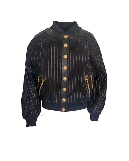 Balmain Blue Striped Cotton Teddy Jacket Black Gold