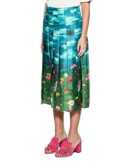 Gucci Blue Vita Garden Pleated Silk Skirt It 36 (us 0)