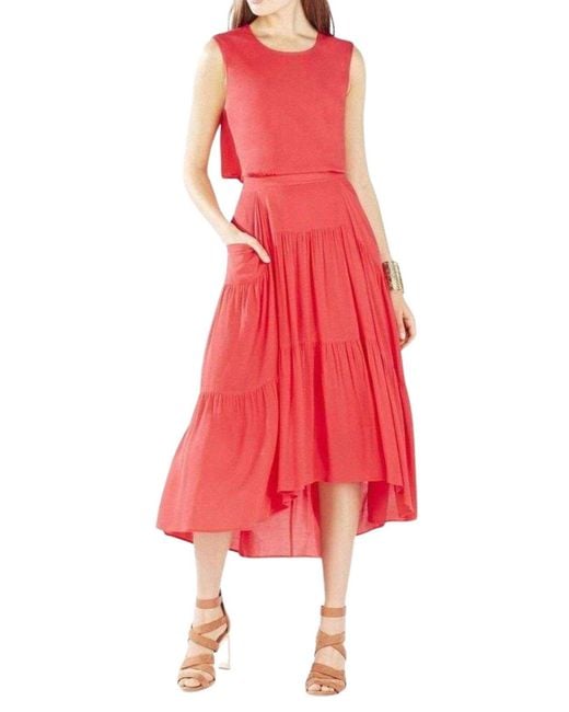 BCBGMAXAZRIA Red Draped Peasant Skirt Dress