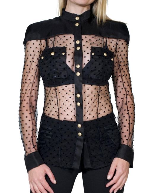 Balmain Long Sleeve Black Polka Dot Silk Shirt With Gold Buttons