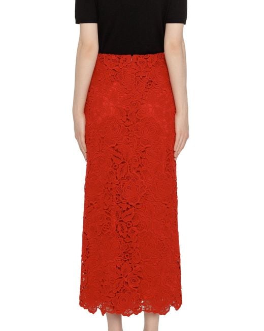 Valentino Red Floral Guipure Lace Pencil Skirt