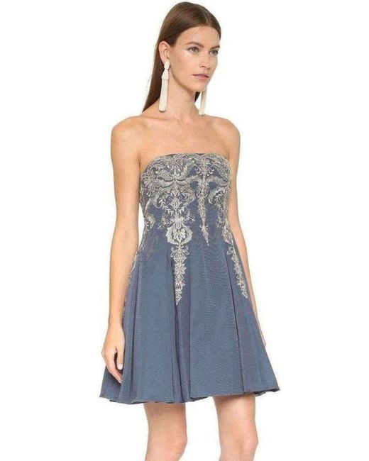 Marchesa Blue Embroidered Floral Strapless Dress