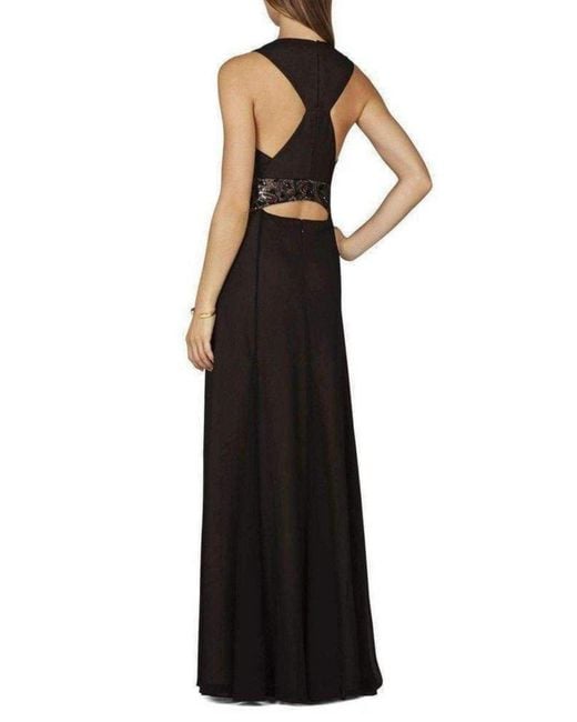BCBGMAXAZRIA Black Stacy Plunging V Neck Embellished Waist Gown