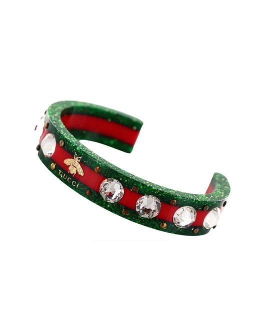 Gucci Green Vintage Web Cuff Bracelet With Crystals
