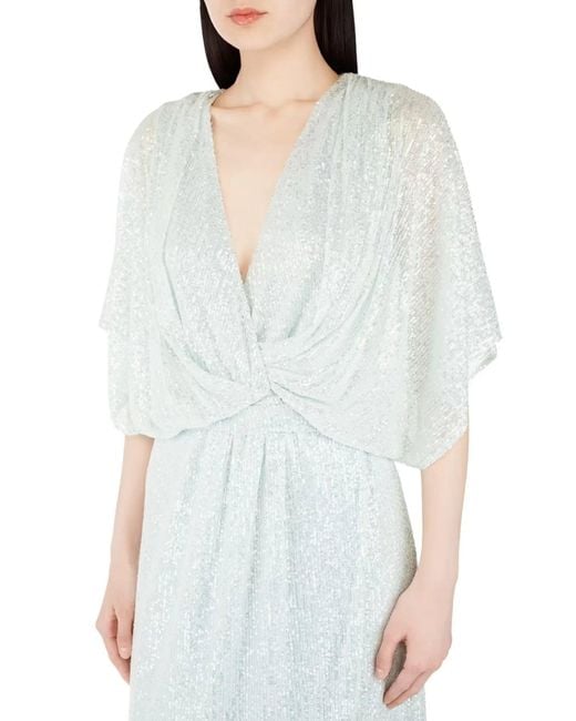 Kiton Blue Micro Sequin Column Dress With Draped Overlay