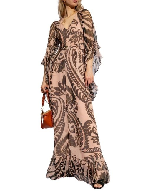Etro Brown Printed V-neck Silk Dress