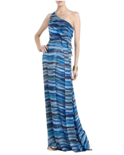 BCBGMAXAZRIA Blue Stella One Shoulder Dreamy Print Silk Dress