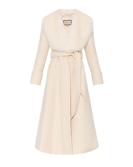 Gucci Natural Cosmogonie Belted Faux Fur-trimmed Wool-blend Coat