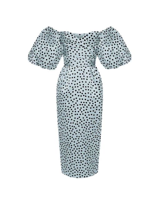 Rasario Blue Polka-dot Silk Corset Midi Dress