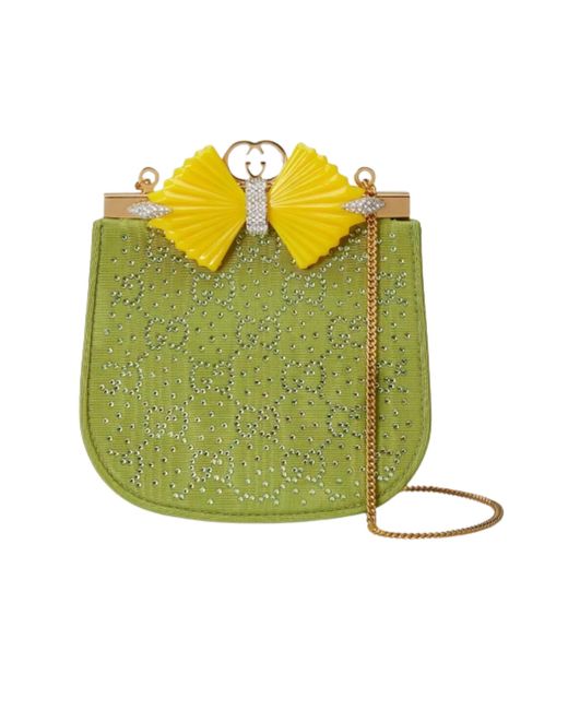 Gucci Yellow GG Moire Fabric Handbag With Bow And Crystals