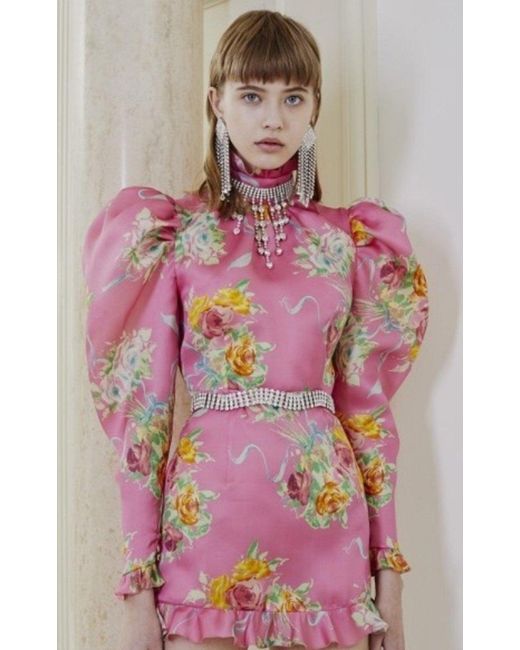 Alessandra Rich Pink Floral Puff-sleeve Silk Mini Dress