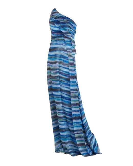 BCBGMAXAZRIA Blue Stella One Shoulder Dreamy Print Silk Dress