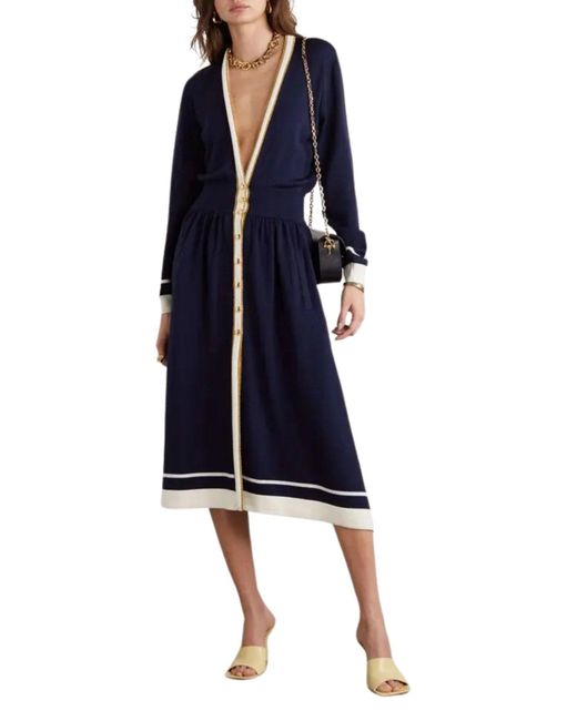 Gucci Blue Button Embellished Striped Wool Midi Dress