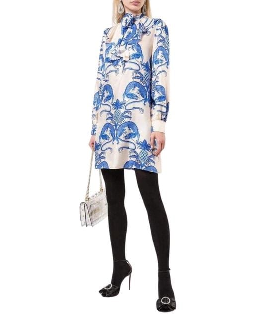 Gucci Blue Silk Dragon Print Twill Ruffle Neck Dress
