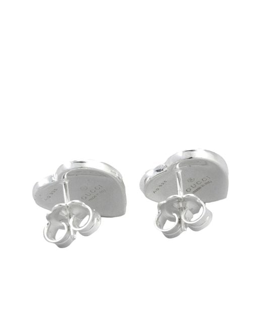 Gucci Interlocking G Heart Stud Earrings In Sterling Silver With Red Enamel