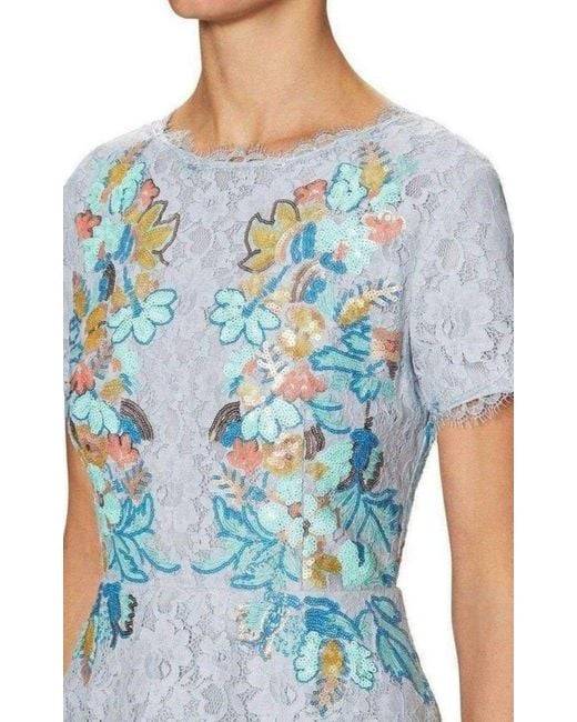 BCBGMAXAZRIA Blue Anaya Lace Peplum Sequin Detail Gown